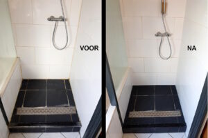 Voor en na foto, douche gekit door kitbedrijf Kitservice Friesland